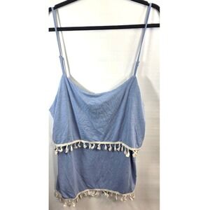 Amaryllis Cami Tank Top Plus‎ Size 3XL Blue Boho Tiered Tassels Spaghetti Strap